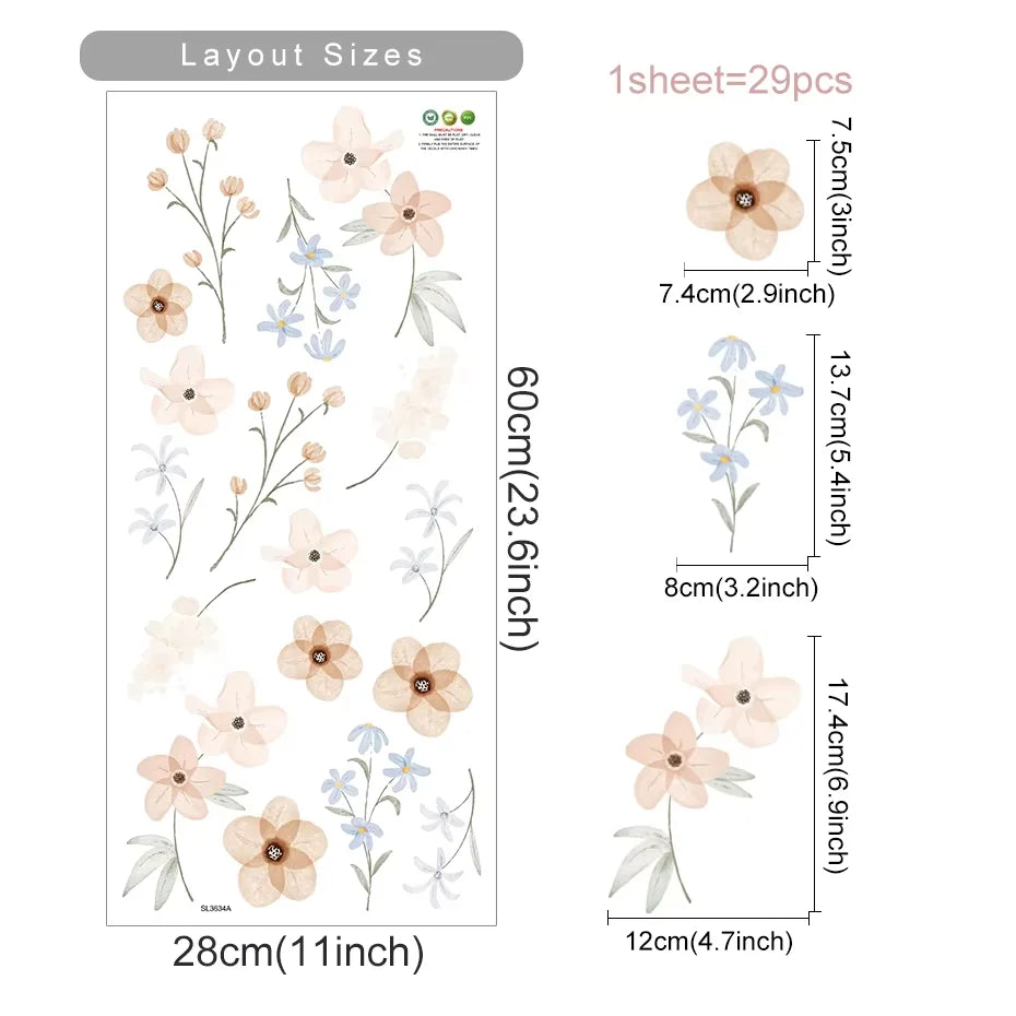 PetalPlay β Watercolour Floral Stickers for Boho Bedroom & Playroom Decor